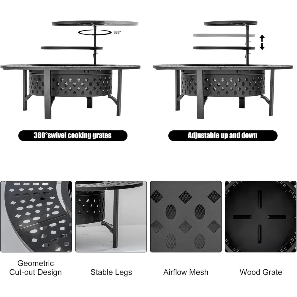 47 Inch Fire Pit with 2 Grills, Wood Burning Fire Pits for Outside with Lid & Poker, BBQ& Outdoor Firepit & Round Metal Table