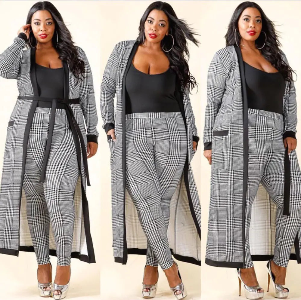 2019 Fashion Long Plaid Trench Coat Two-Piece Set