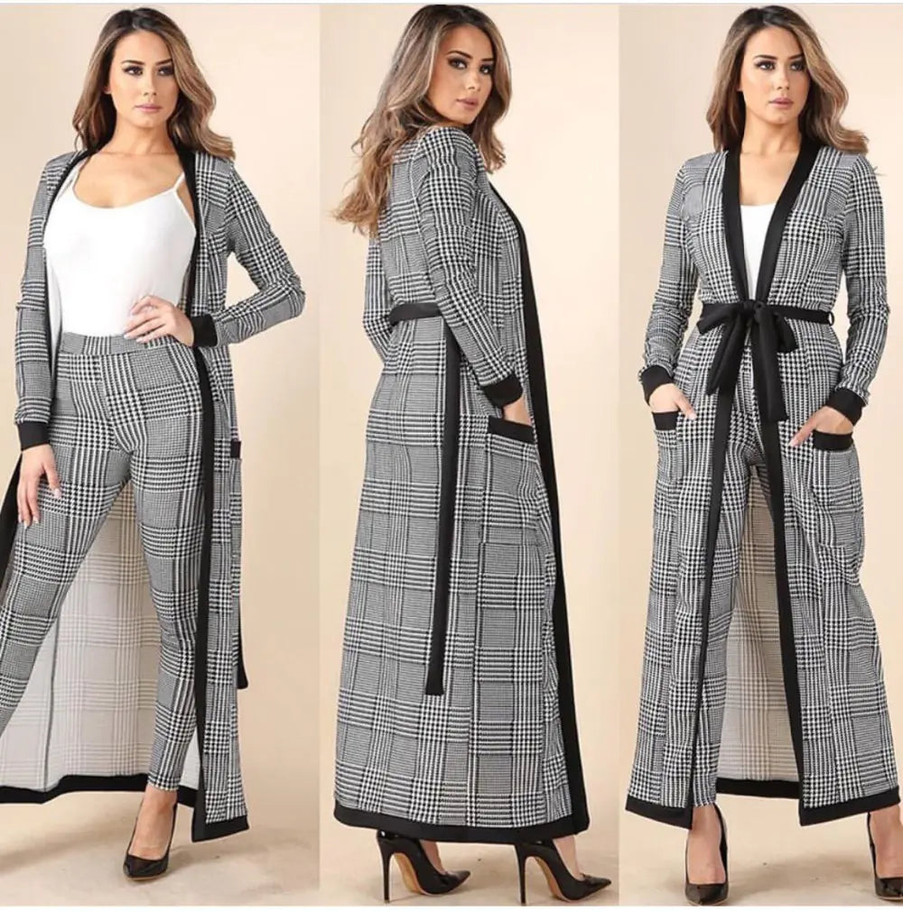 2019 Fashion Long Plaid Trench Coat Two-Piece Set