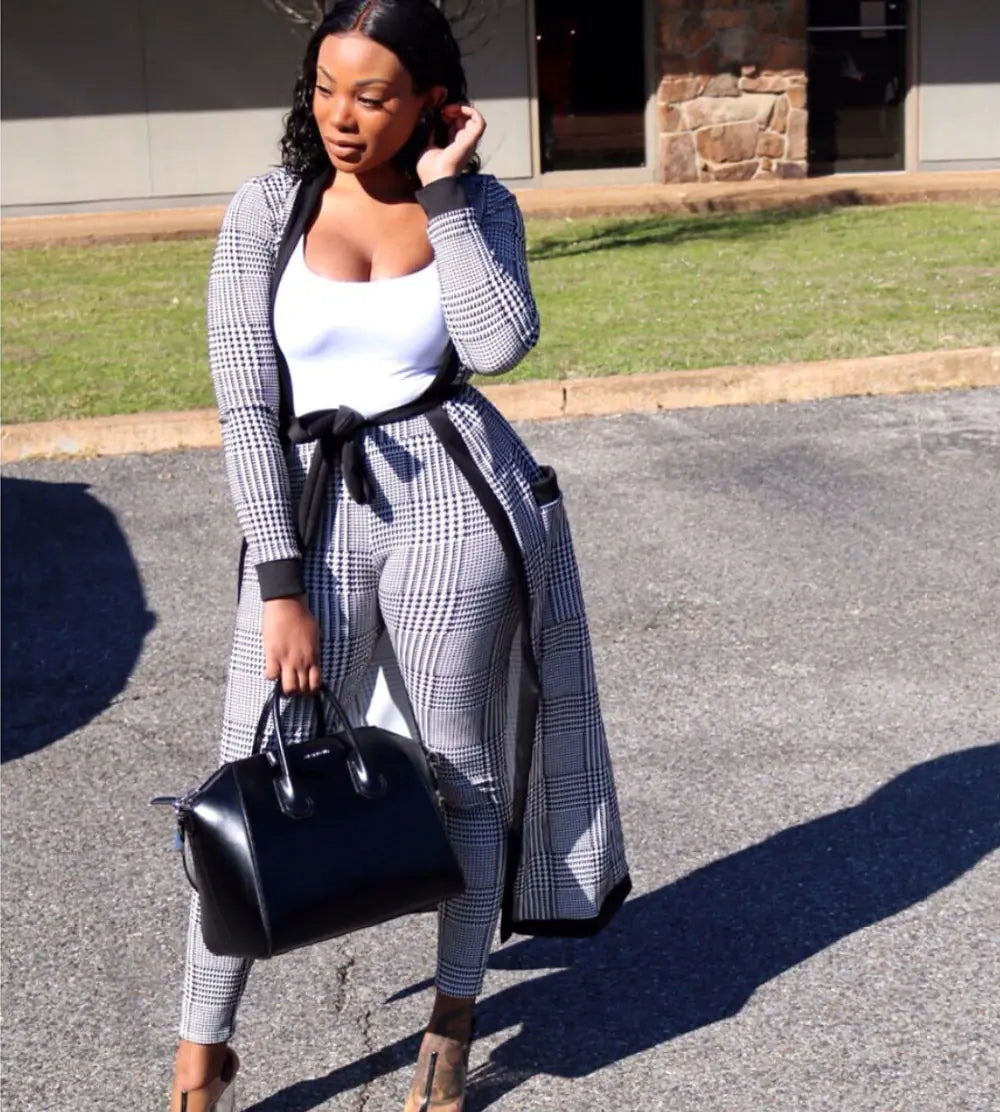 2019 Fashion Long Plaid Trench Coat Two-Piece Set