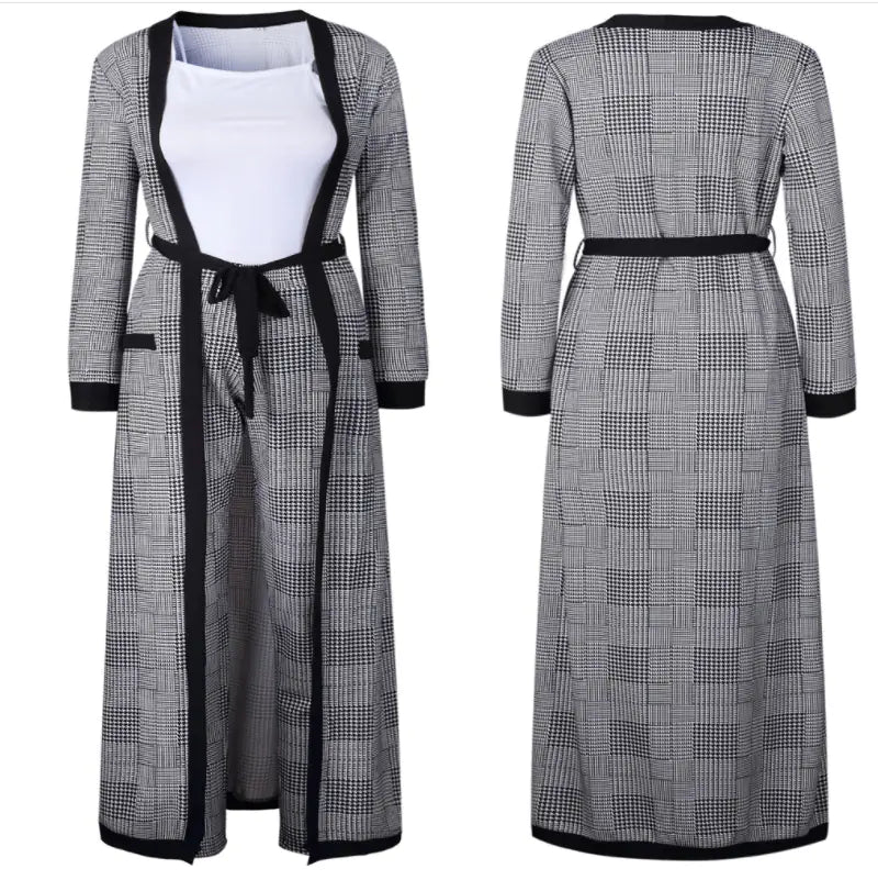 2019 Fashion Long Plaid Trench Coat Two-Piece Set