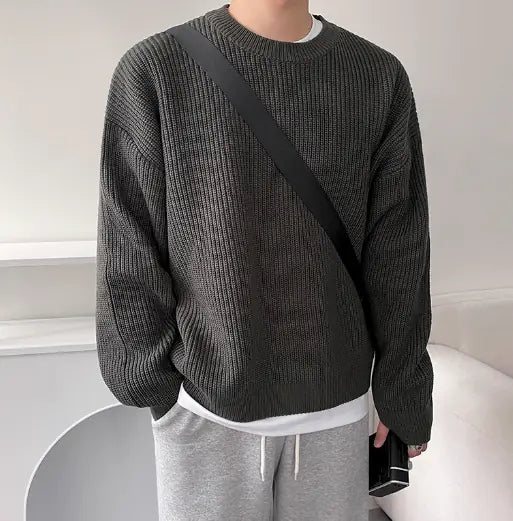 Versatile Solid Color Crew Neck Men's Slouchy Sweater