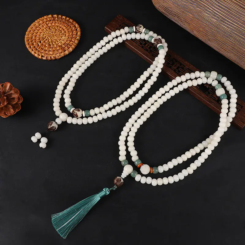 Natural White Bodhi Seed 108 Bead Bracelet with Tassel