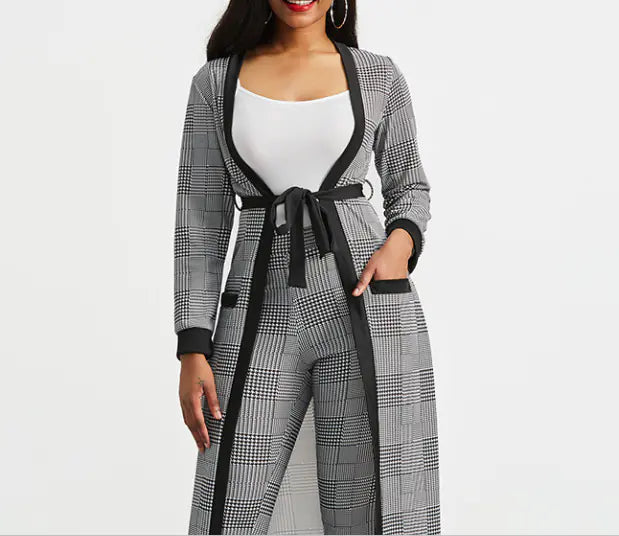 2019 Fashion Long Plaid Trench Coat Two-Piece Set