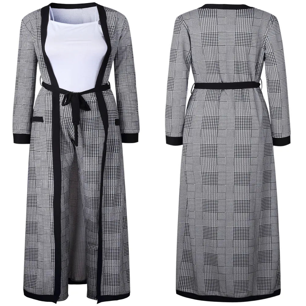 2019 Fashion Long Plaid Trench Coat Two-Piece Set