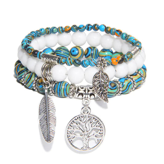 Turquoise Tree of Life Pendant Bracelet with Natural Beads