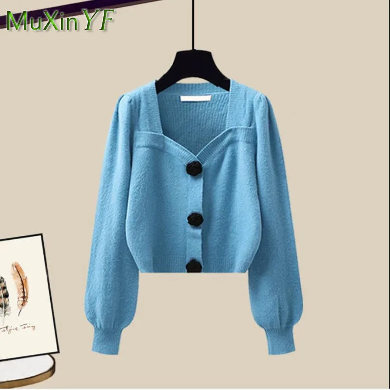 2025 Spring Autumn New Fashion Knit Sweater Top+Black Dress Two Piece Set Women's Korean Elegant Cardigan Blouse Midi Skirt Suit