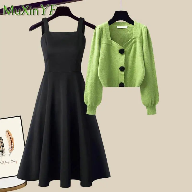2025 Spring Autumn New Fashion Knit Sweater Top+Black Dress Two Piece Set Women's Korean Elegant Cardigan Blouse Midi Skirt Suit