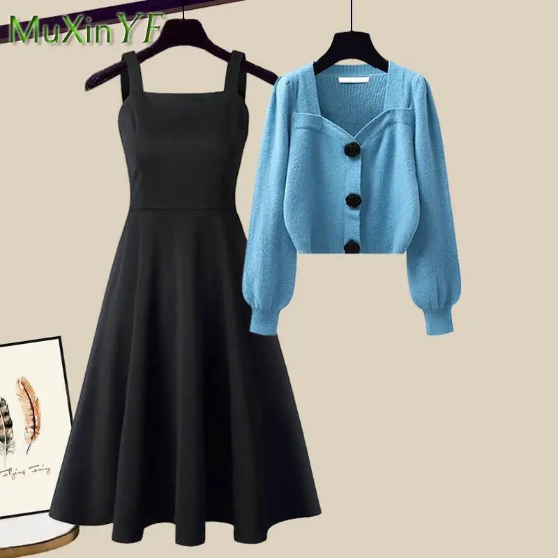 2025 Spring Autumn New Fashion Knit Sweater Top+Black Dress Two Piece Set Women's Korean Elegant Cardigan Blouse Midi Skirt Suit