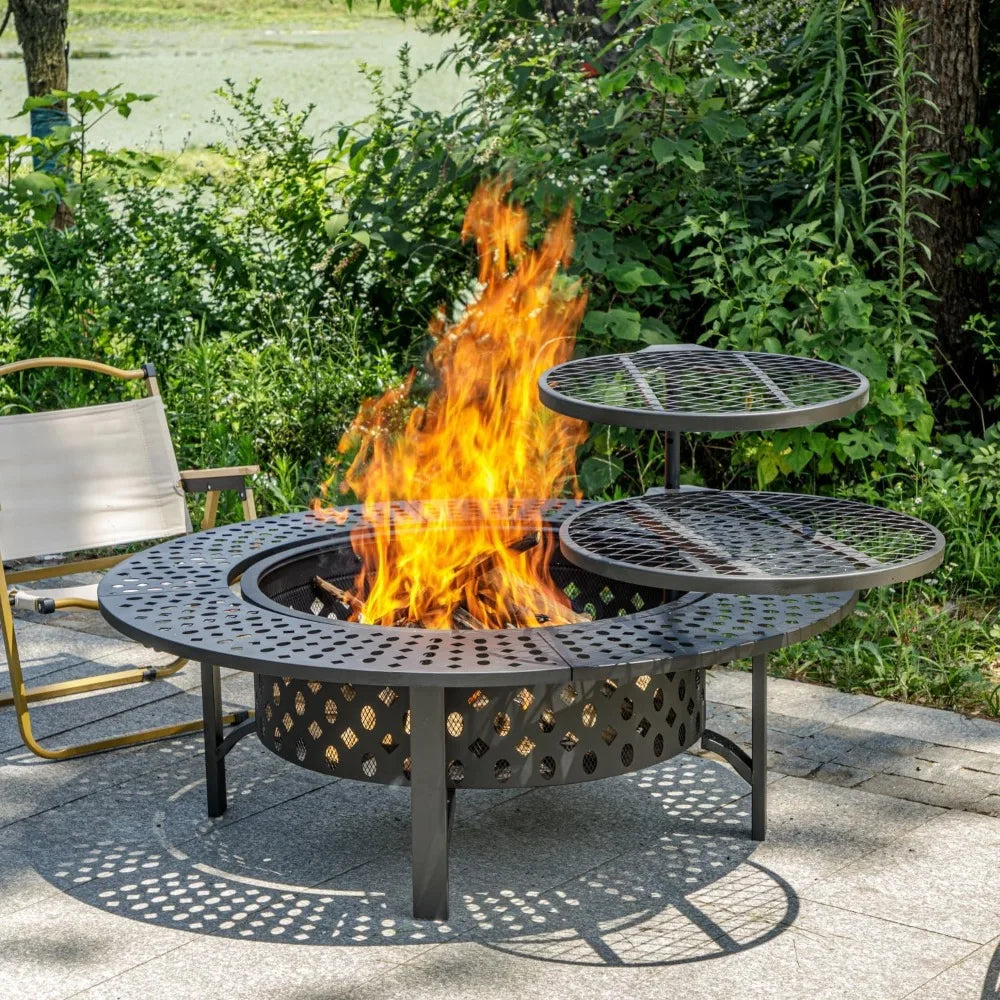 47 Inch Fire Pit with 2 Grills, Wood Burning Fire Pits for Outside with Lid & Poker, BBQ& Outdoor Firepit & Round Metal Table