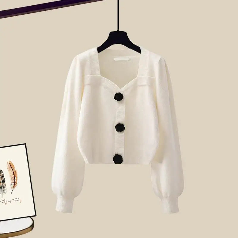 2025 Spring Autumn New Fashion Knit Sweater Top+Black Dress Two Piece Set Women's Korean Elegant Cardigan Blouse Midi Skirt Suit