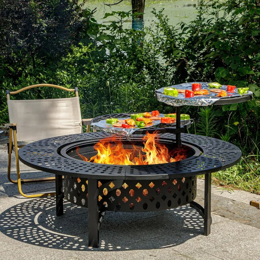 47 Inch Fire Pit with 2 Grills, Wood Burning Fire Pits for Outside with Lid & Poker, BBQ& Outdoor Firepit & Round Metal Table