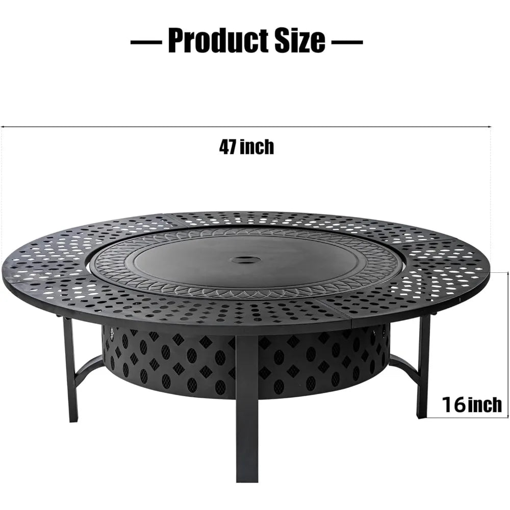 47 Inch Fire Pit with 2 Grills, Wood Burning Fire Pits for Outside with Lid & Poker, BBQ& Outdoor Firepit & Round Metal Table
