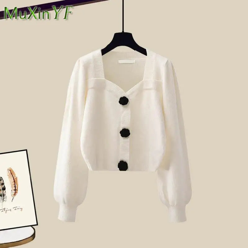 2025 Spring Autumn New Fashion Knit Sweater Top+Black Dress Two Piece Set Women's Korean Elegant Cardigan Blouse Midi Skirt Suit