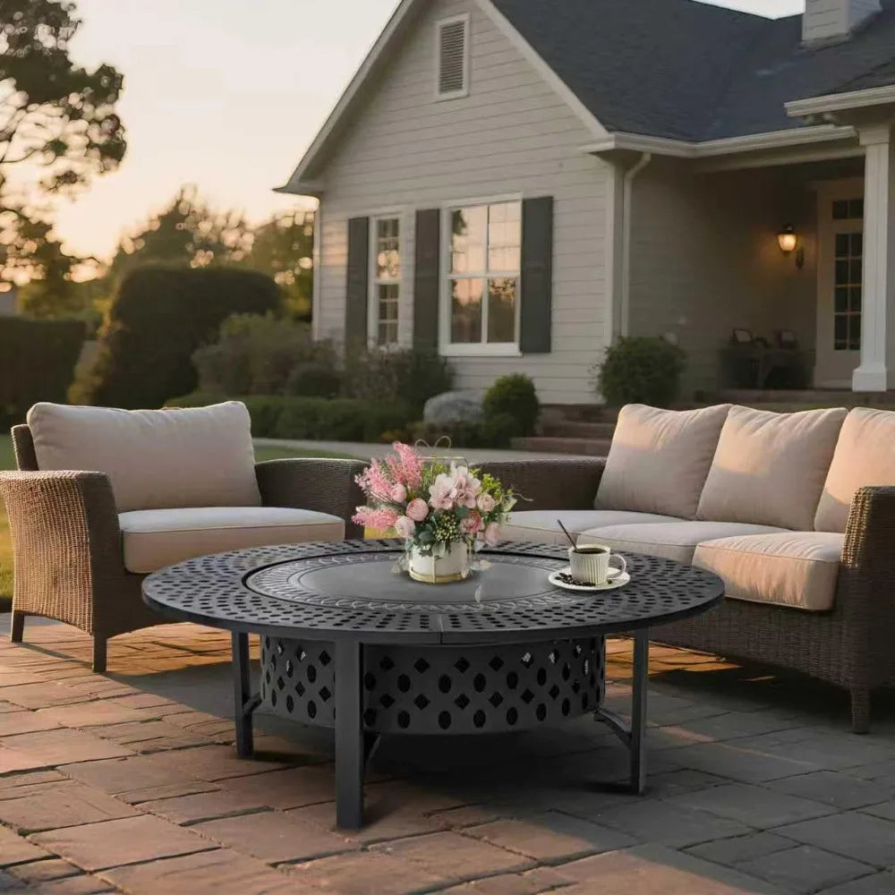 47 Inch Fire Pit with 2 Grills, Wood Burning Fire Pits for Outside with Lid & Poker, BBQ& Outdoor Firepit & Round Metal Table