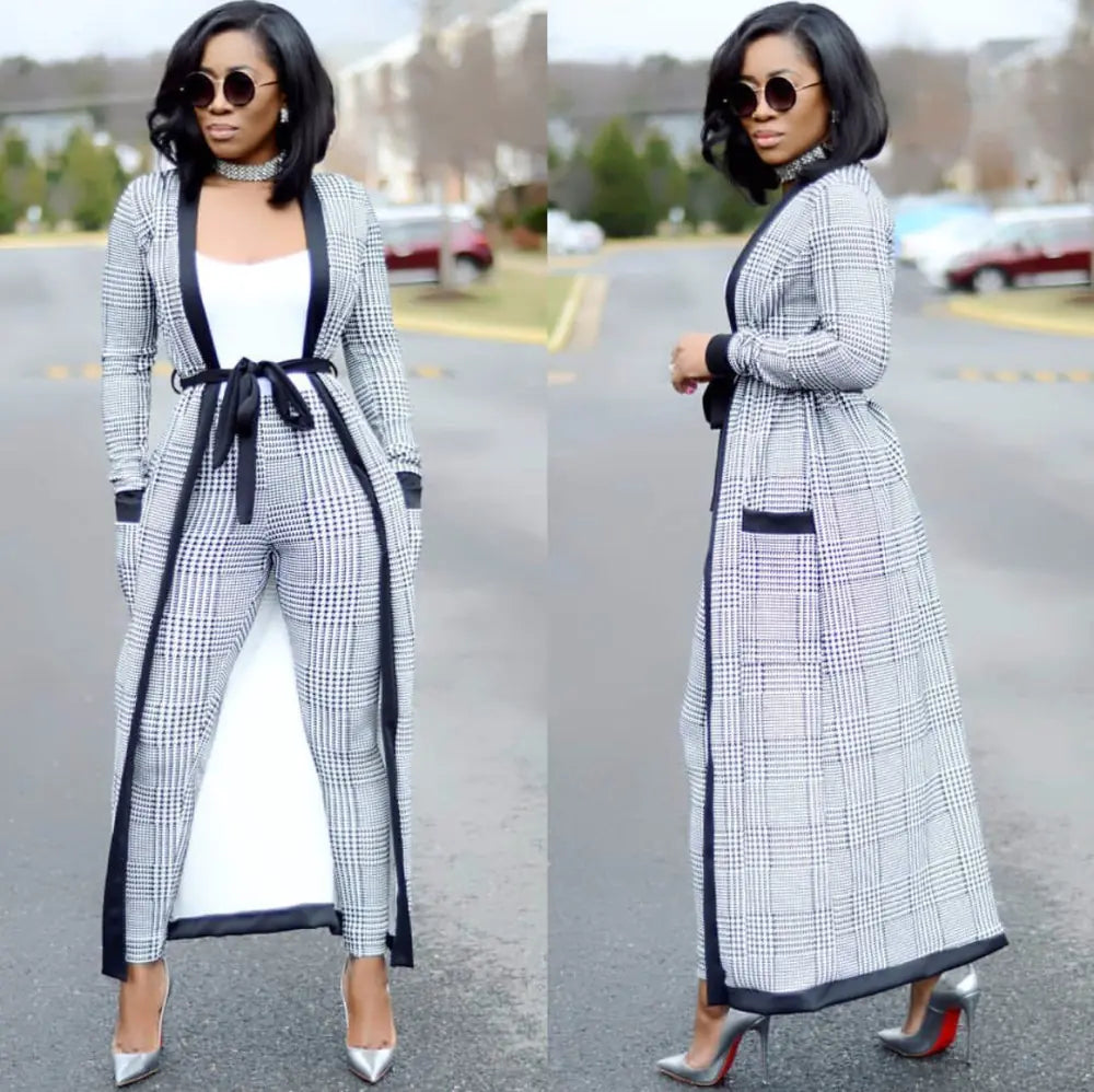 2019 Fashion Long Plaid Trench Coat Two-Piece Set