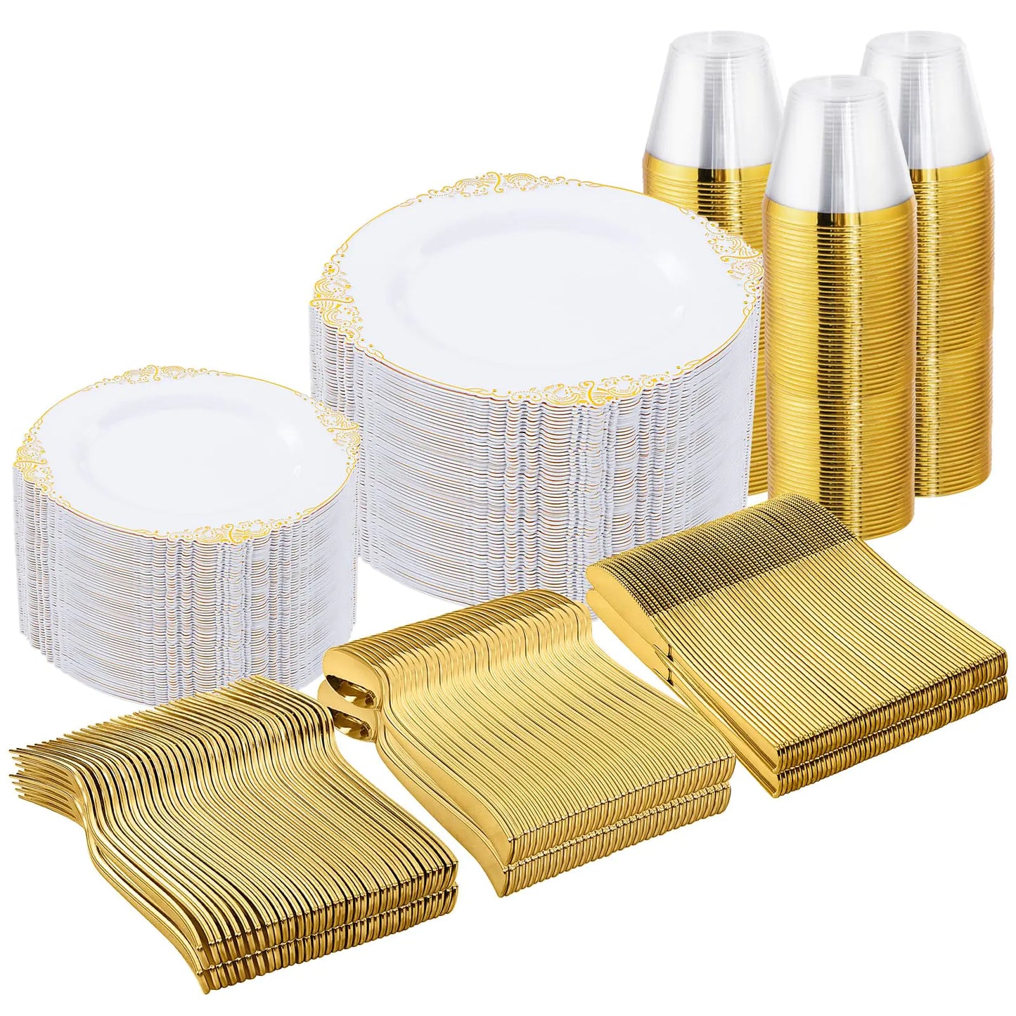 Nervure 600PCS Gold Plastic Dinnerware - White and Gold Disposable Plates for 100 Guests - 200 Gold Disposable Plates 300 Gold Plastic Silverware 100 Cups for Wedding & Party