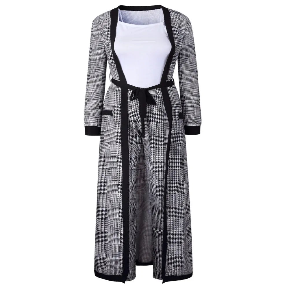 2019 Fashion Long Plaid Trench Coat Two-Piece Set