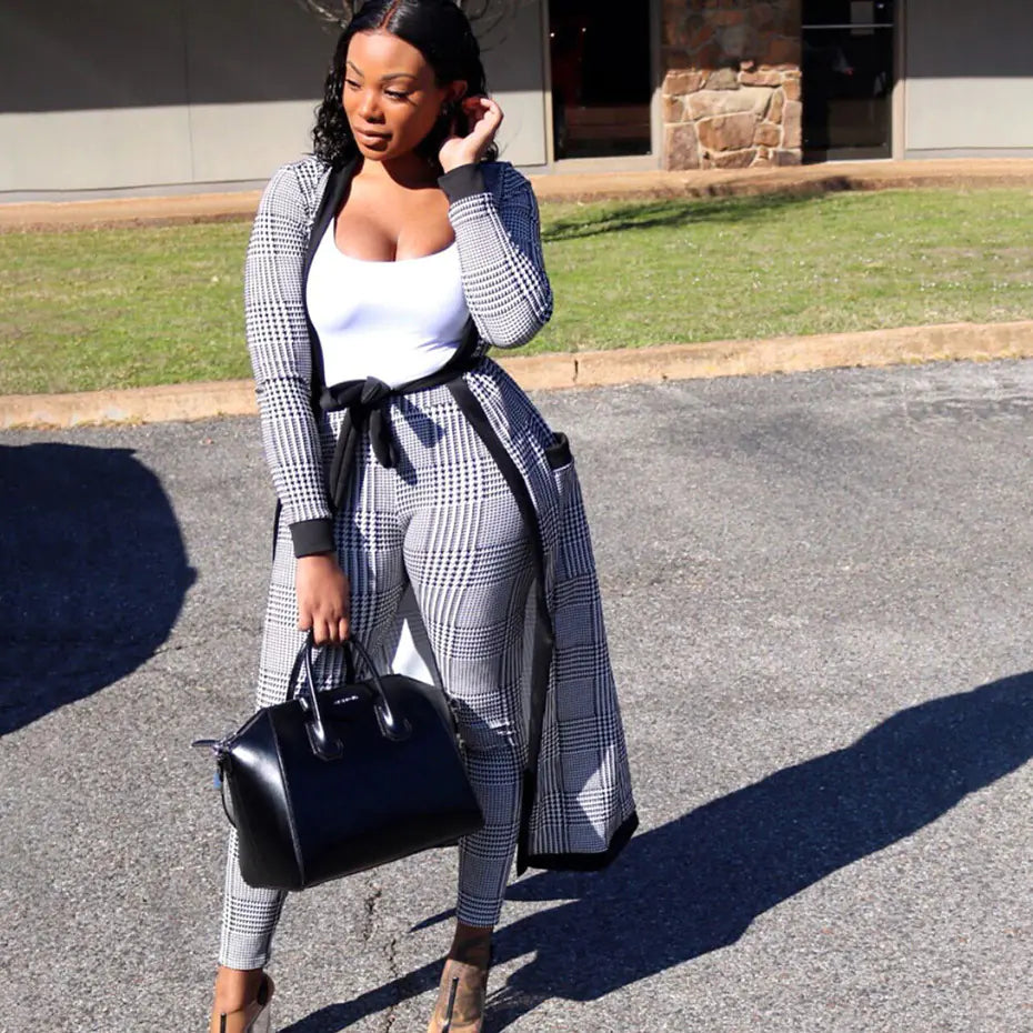 2019 Fashion Long Plaid Trench Coat Two-Piece Set