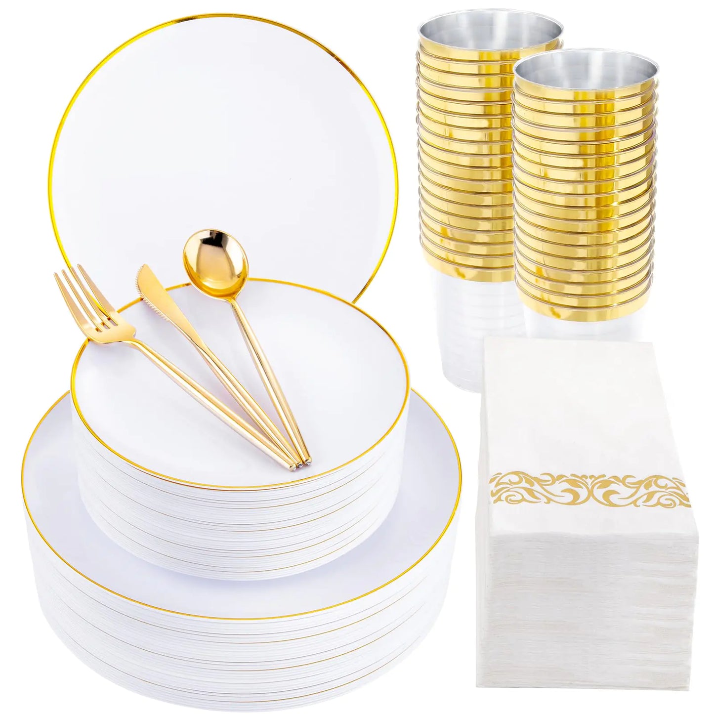 LUODA MirthMood 350Pcs White and Gold Dinnerware Set Gold Party Plates Includes:50 Gold Dinner Plates 50 Gold Dessert Plates 150 Gold Plastic Cutlery50 Paper Towels & 50 Cups