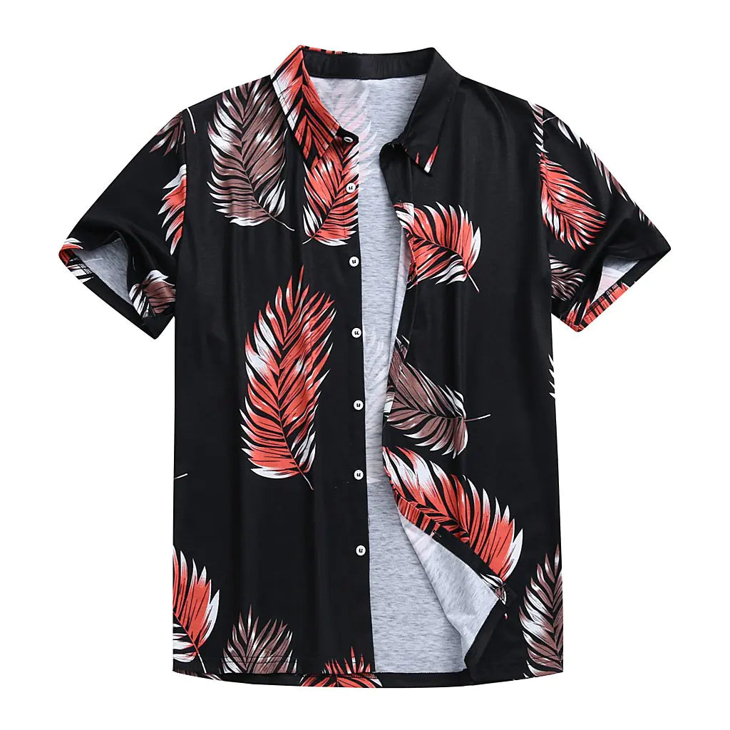 Men's Printed Hawaiian Shirt with Leaf Design