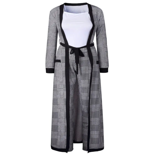 2019 Fashion Long Plaid Trench Coat Two-Piece Set