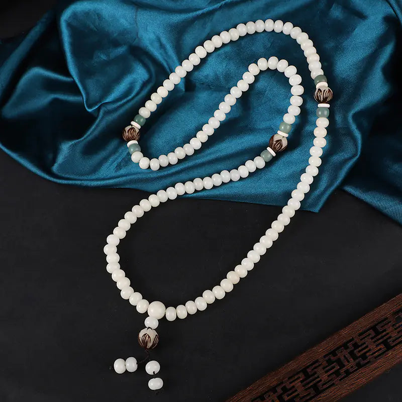 Natural White Bodhi Seed 108 Bead Bracelet with Tassel