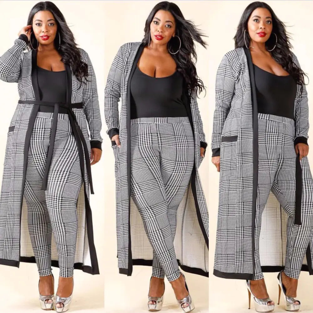 2019 Fashion Long Plaid Trench Coat Two-Piece Set
