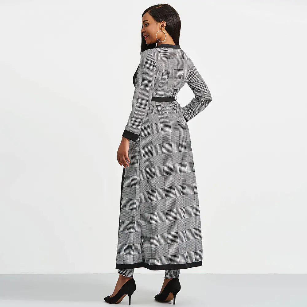 2019 Fashion Long Plaid Trench Coat Two-Piece Set