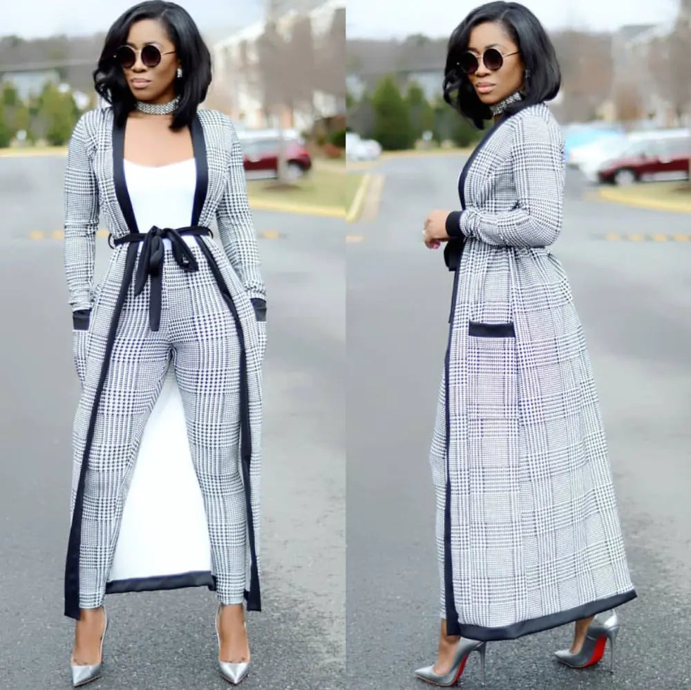 2019 Fashion Long Plaid Trench Coat Two-Piece Set