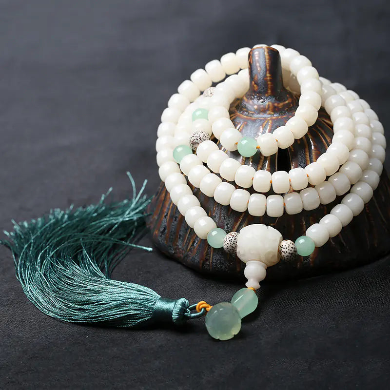 Natural White Bodhi Seed 108 Bead Bracelet with Tassel